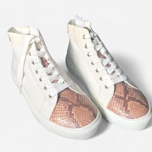 Cream and Brown High-Top White Canvas Sneakers Faux Snakeskin Leather Detail 9.5